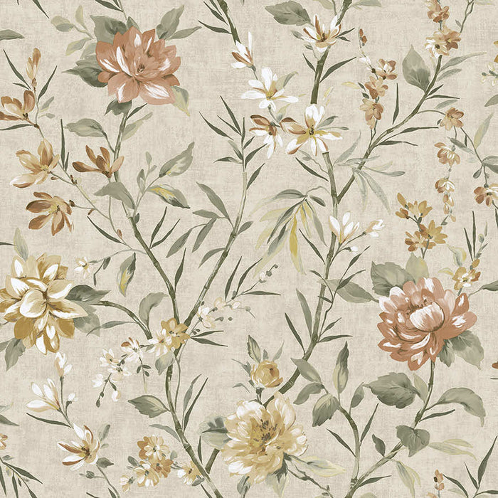 Sazanka wallpaper in Neutral/Orange, showing camellia blooms in orange over a beige background