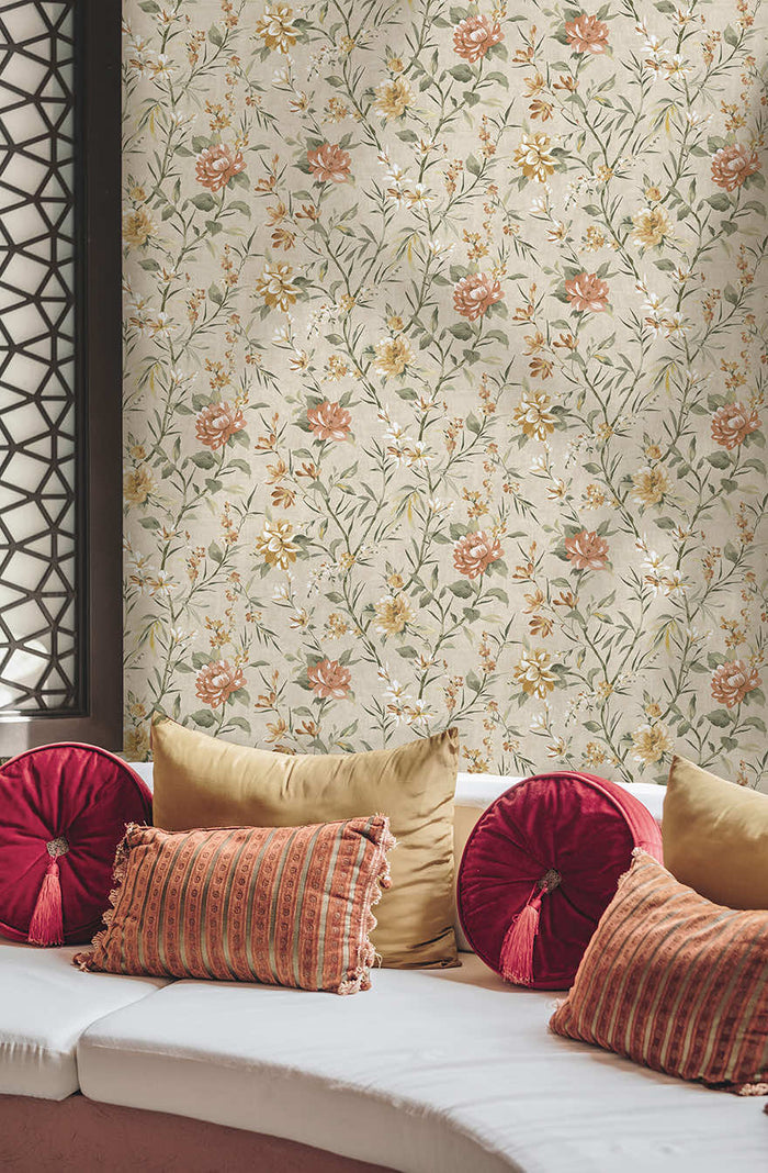 Sazanka wallpaper in Neutral/Orange hung on a feature wall