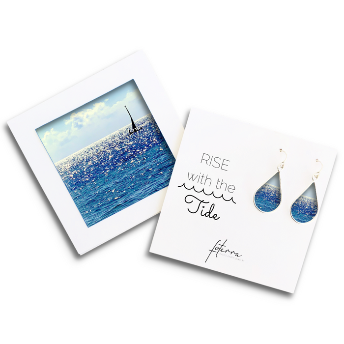 Shining Sea Small Teardrop Earrings by Foterra Jewelry featured alongside an inspiring quote and a stunning ocean photo, emphasizing their unique handmade craftsmanship.