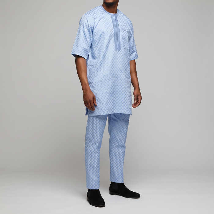 Sky Blue Geometric Buba & Sokoto Set