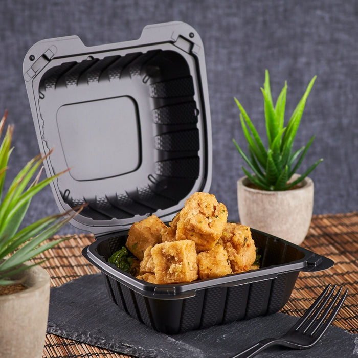 Small Black Take Out Containers - 6"x6" Mineral Filled Hinged Carry Out Boxes - Karat Earth - Black - 400 ct-To-Go Packaging-Karat-Restaurant Supply Drop
