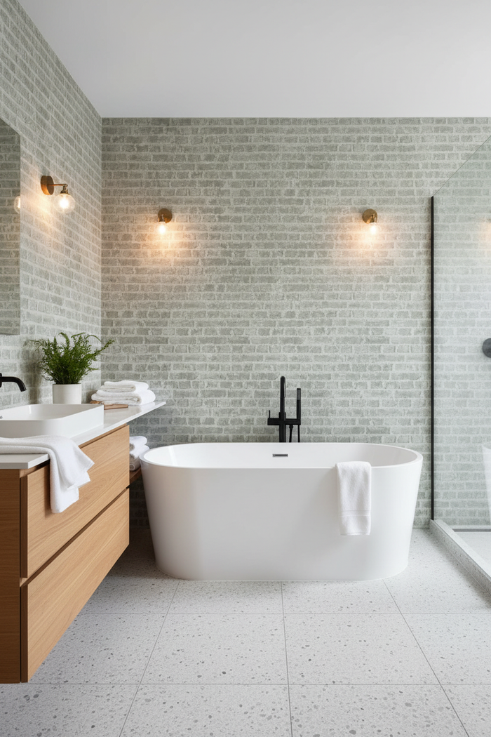 Bathroom - Soft Mortar Brick Wallpaper Washed Grey 369792