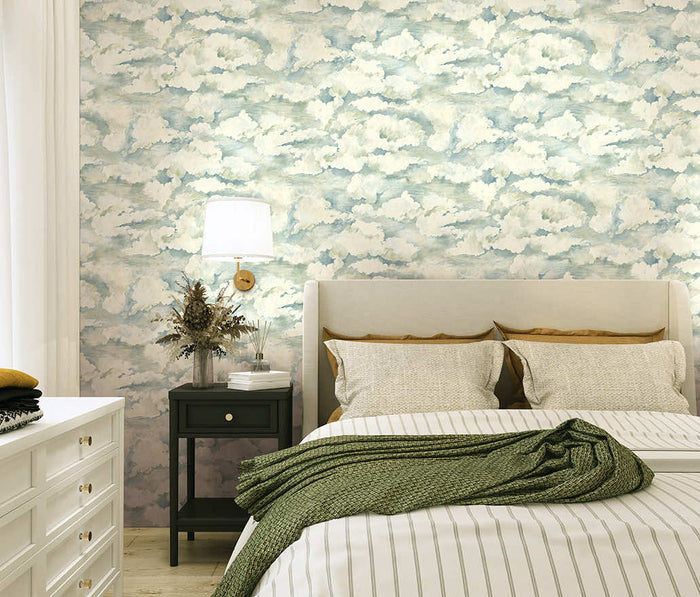Sora Tranquil Cloud wallpaper in soft aqua on a feature wall
