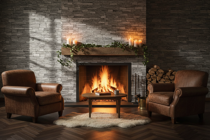 Cosy fire scene with Stone Works Smooth Wallpaper Light