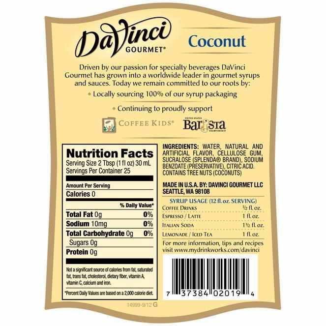Sugar Free Coconut DaVinci Syrup Bottle - 750mL-Syrups-DaVinci Gourmet-Restaurant Supply Drop