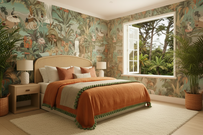Bedroom with Burnt Orange Pom Pom Bedspread