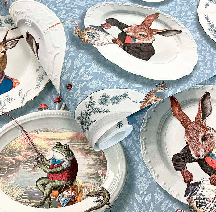 Roll of Tales of the Manor animal plates wallpaper in blue