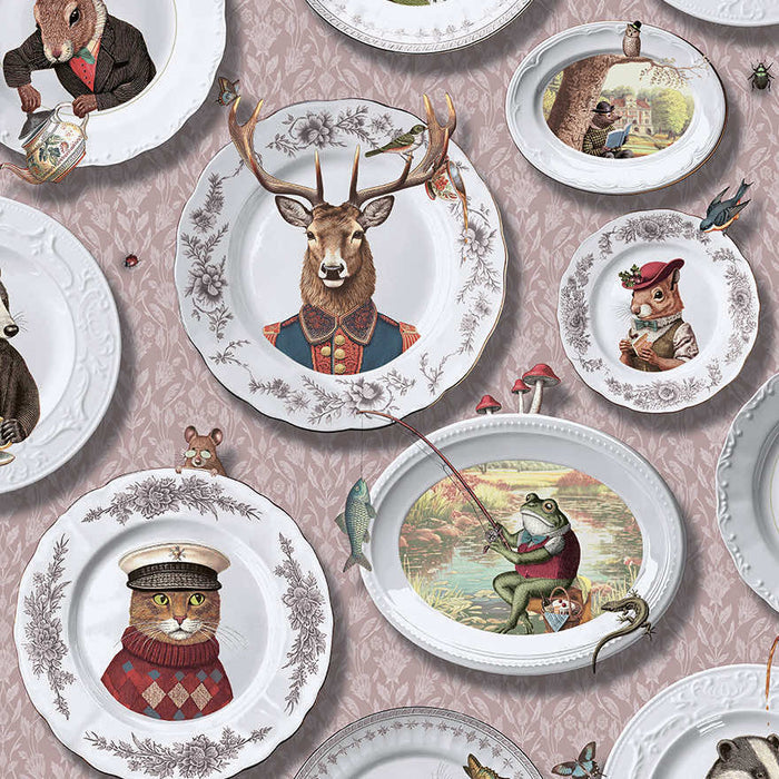 Tales of the Manor blush wallpaper with china plates holding animal portraits including a stag in uniform and a frog fishing
