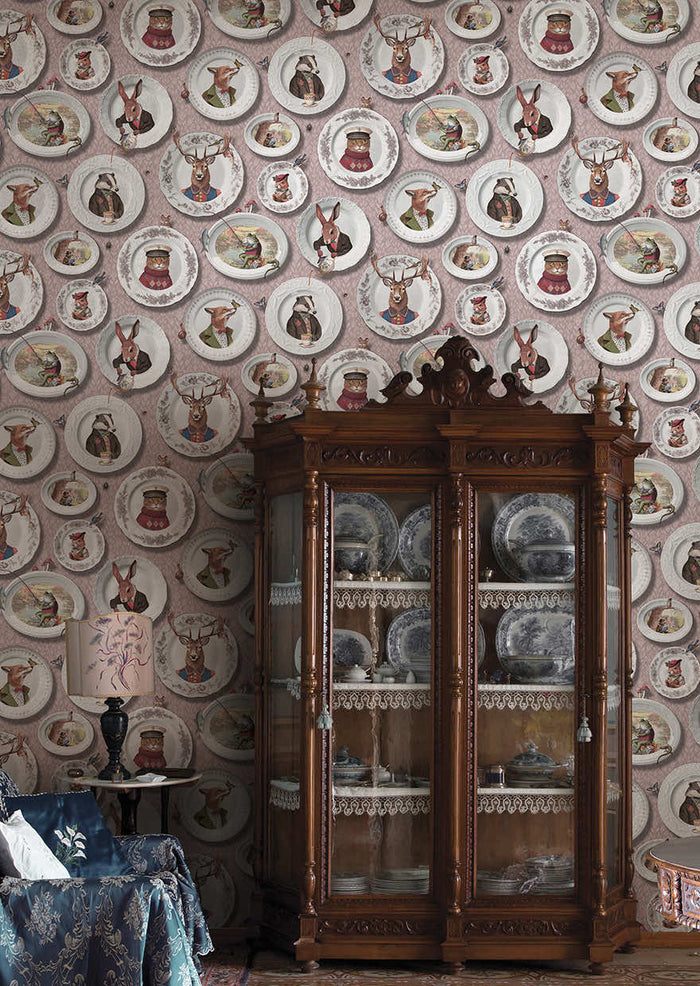Blush pink Tales of the Manor animal plate wallpaper on a bedroom wall