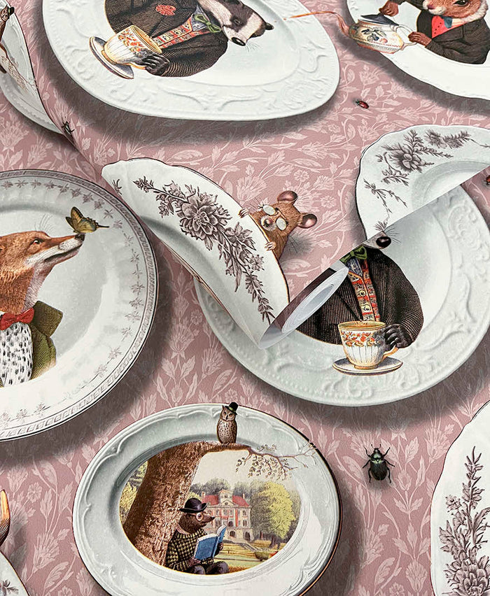 Roll of Tales of the Manor animal plates wallpaper in blush