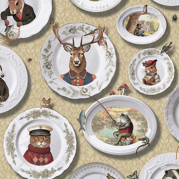 Tales of the Manor ochre wallpaper with china plates holding animal portraits including a stag in uniform and a frog fishing