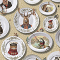 Tales of the Manor ochre wallpaper with china plates holding animal portraits including a stag in uniform and a frog fishing