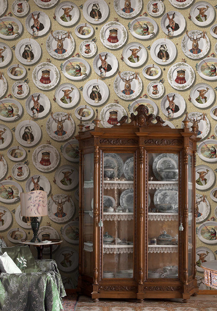 Ochre Tales of the Manor animal plate wallpaper on a dining room wall