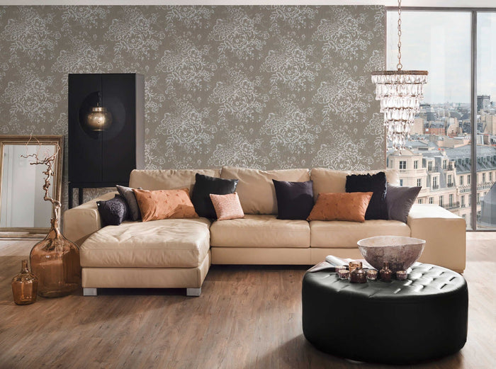 Textile Flower Wallpaper - Architects Paper - Metallic Silk - Brown/Silver - Discontinuing