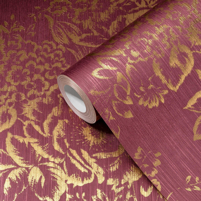 Textile Flower Wallpaper - Architects Paper - Metallic Silk - Red/Gold - Discontinuing