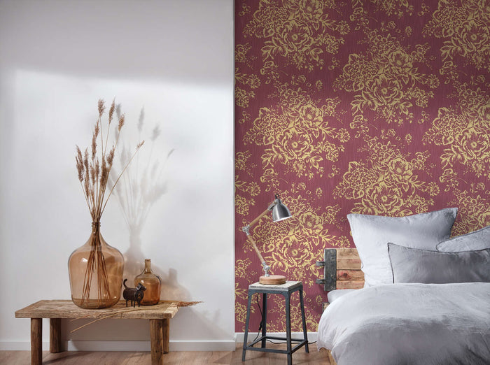 Textile Flower Wallpaper - Architects Paper - Metallic Silk - Red/Gold - Discontinuing