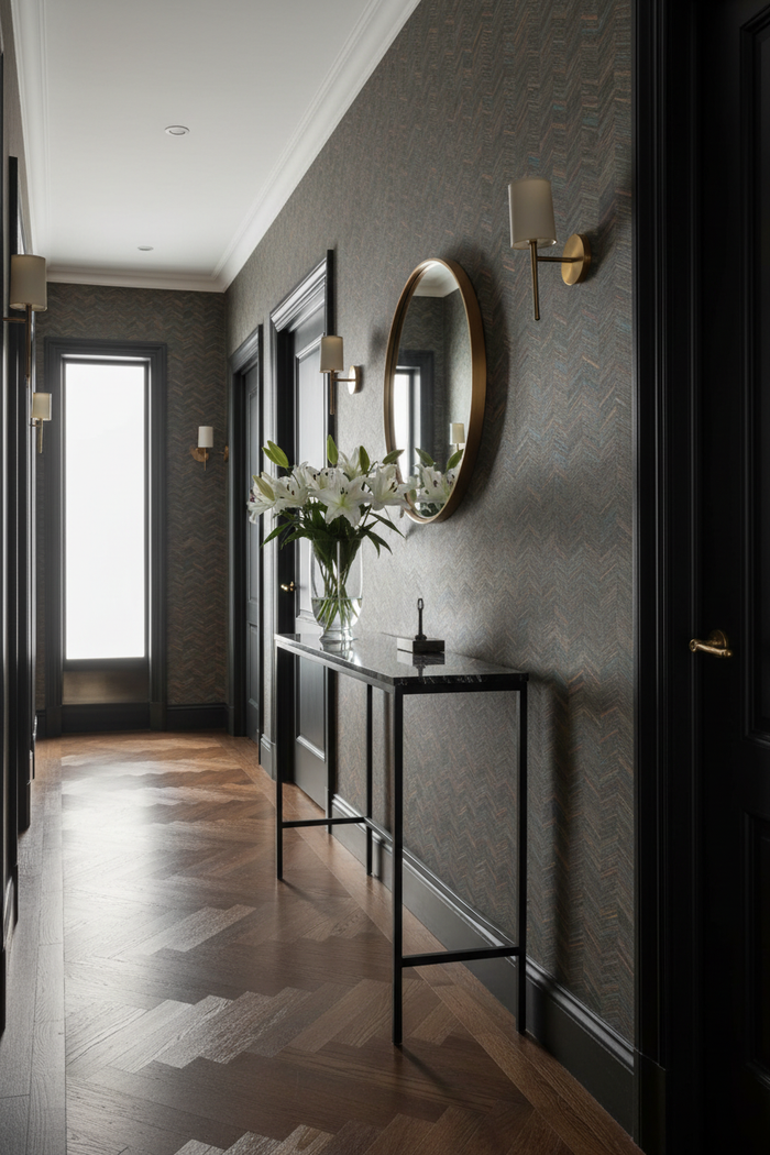 Elegant Hallway - Textured Herringbone Wallpaper A Hint of Blue with Black Doors
