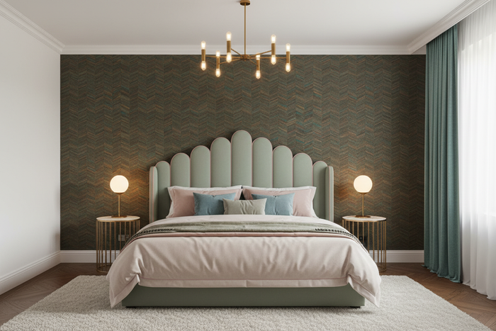 Bedroom - Actual Textured Herringbone Wallpaper 38309-2 with Giselle Scalloped Headboard