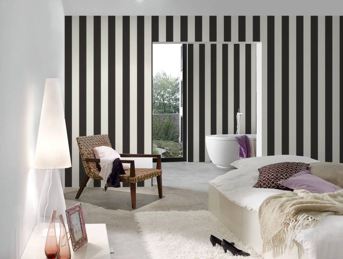 Timeless Stripes Heavy Weight Vinyl Wallpaper - Black and White - LAST ROLL