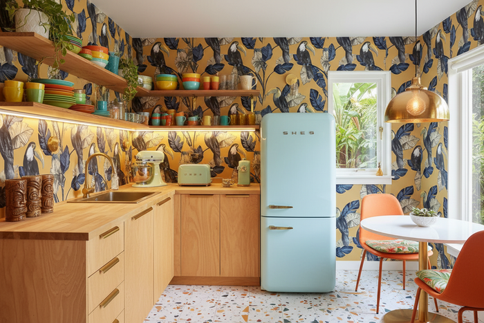 Retro plywood kitchen with Toucan Tiki Wallpaper