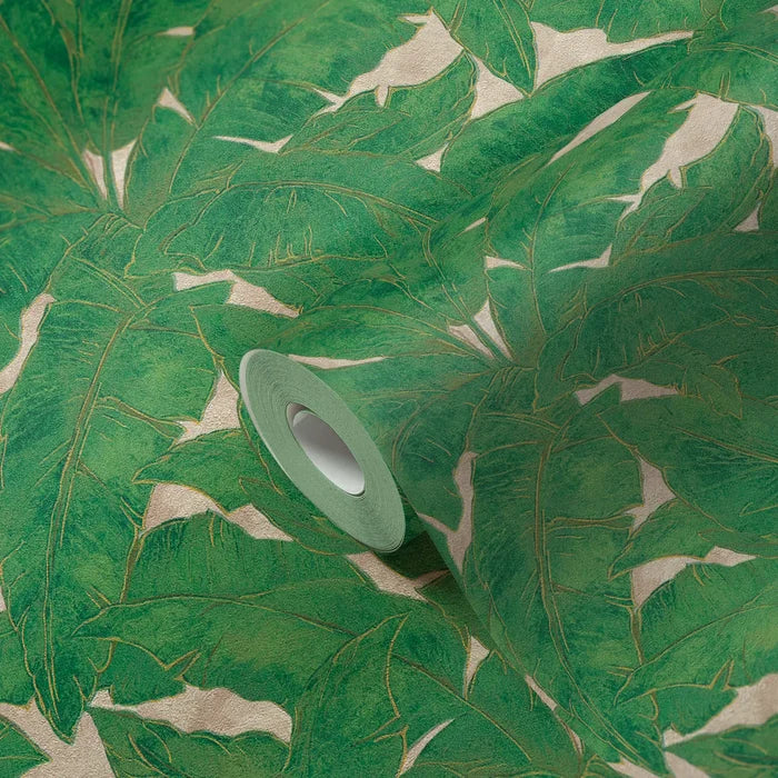 Tropical Escape - Metallic Wallpaper - Green/Beige sample swatch