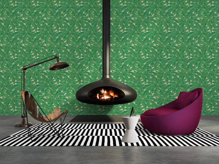 Tropical Escape - Metallic Wallpaper - Green/Beige