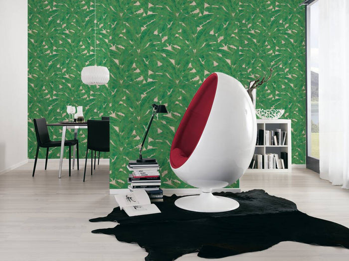 Tropical Escape - Metallic Wallpaper - Green/Beige