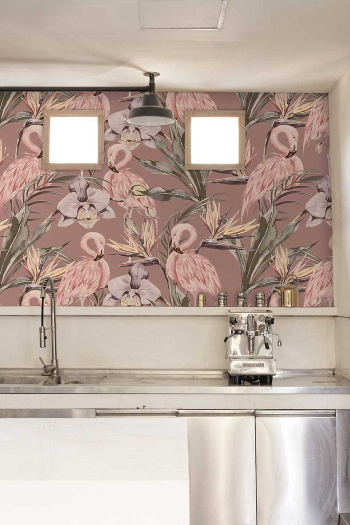 Tropical Shore Flamingo Hybrid Mural - Berry
