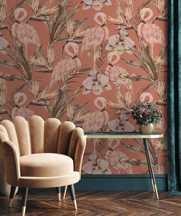 Tropical Shore Flamingo Hybrid Mural - Terracotta