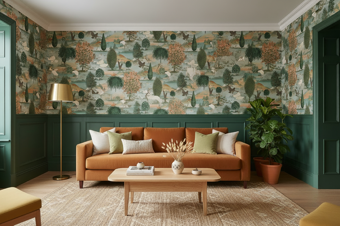 Lounge with Tundra Wallpaper, green panelling, no paintings