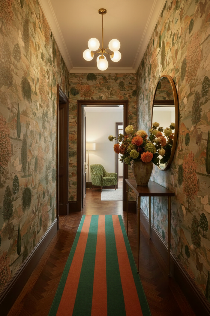 Hallway with green and orange striped runner