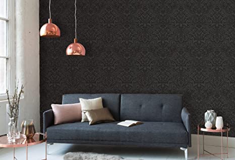 Two Toned Damask Wallpaper - Black