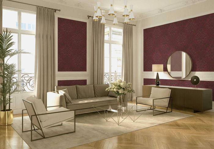 Two Toned Damask Wallpaper  - Red