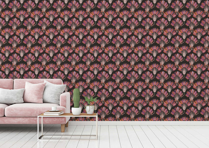 Watercolour Fan Trees Wallpaper - Black/Pink - Discontinuing