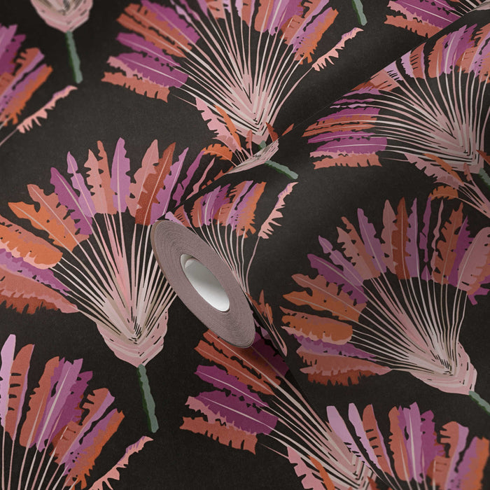 Watercolour Fan Trees Wallpaper - Black/Pink - Discontinuing