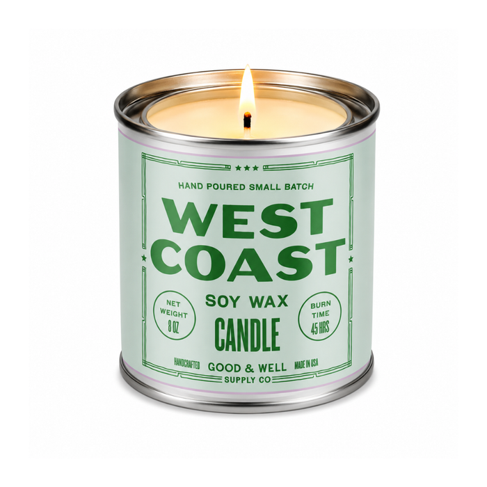 West Coast Soy Candle from the Happy Place Collection - bringing joy and nostalgic vibes, with scents of Juniper, Fir Balsam, and Spiced Pear, perfect for lighting up your happy place!