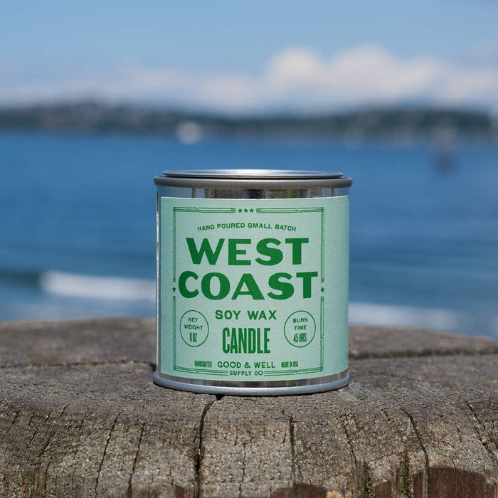 A stunning view of the West Coast Soy Candle from the Happy Place Collection, ready to transform your space from 'blah' to 'ahhh' with spiced pear and incense.