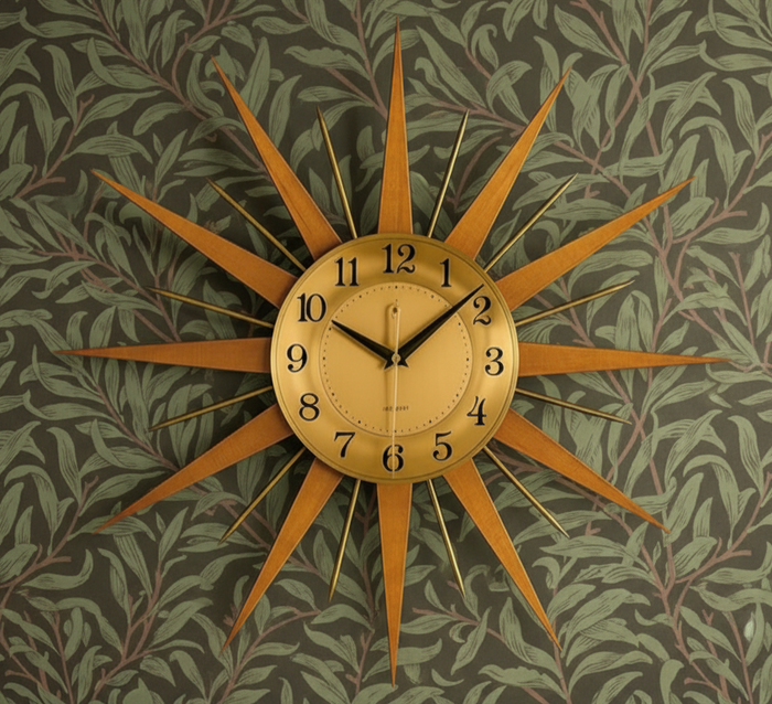 Starburst Clock with Willow Leaf Black and Green Wallpaper
