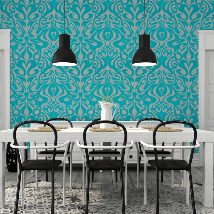 Woodstock Wallpaper - Aqua/Metallic Silver