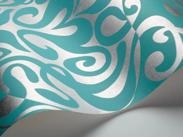 Woodstock Wallpaper - Aqua/Metallic Silver