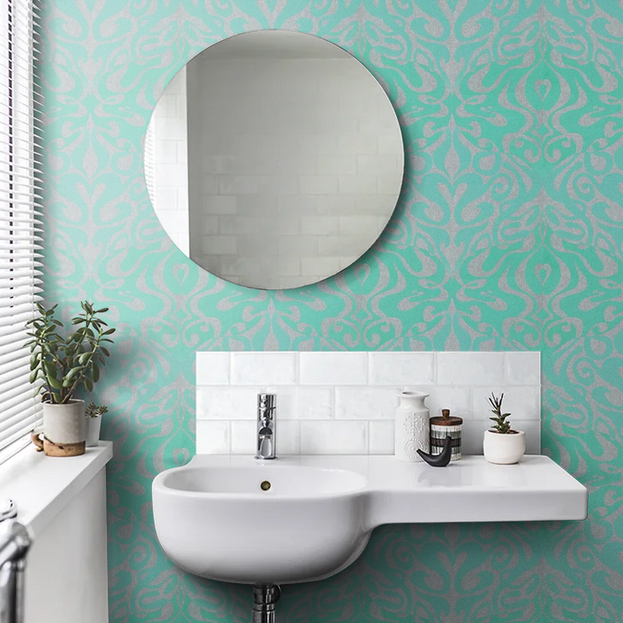 Woodstock Wallpaper - Aqua/Metallic Silver