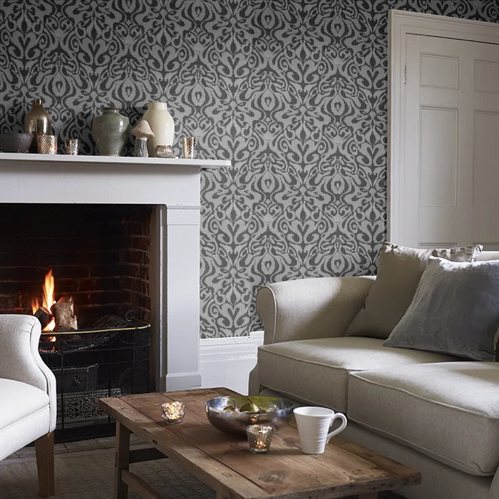 Woodstock Wallpaper - Silver Foil/Black