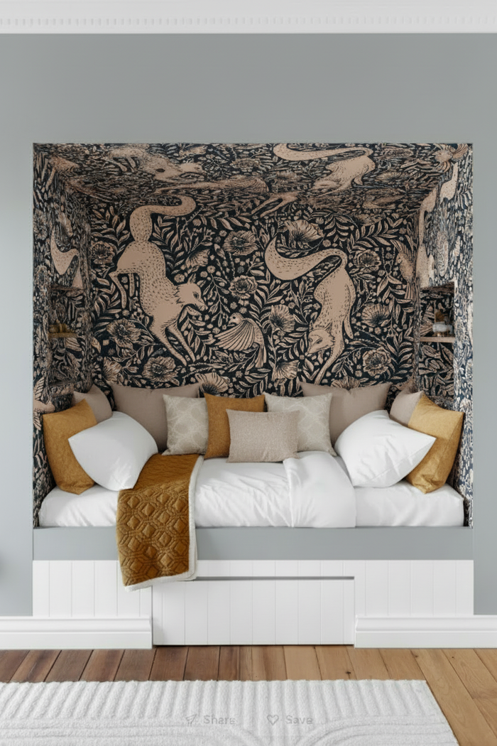 Bedroom nook with Zootopia wallpaper at 50cm scale, white bedding with cushions only
